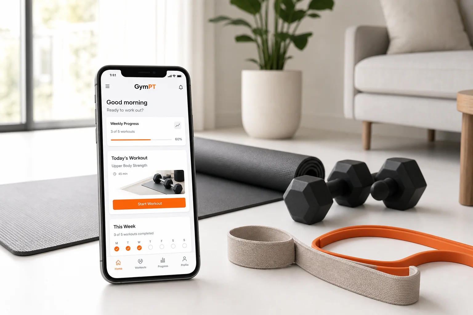 GymPT app showing a home workout plan in a small-space setup