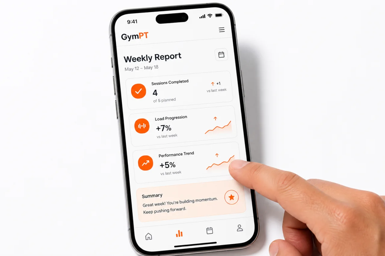GymPT weekly progress report on a mobile app