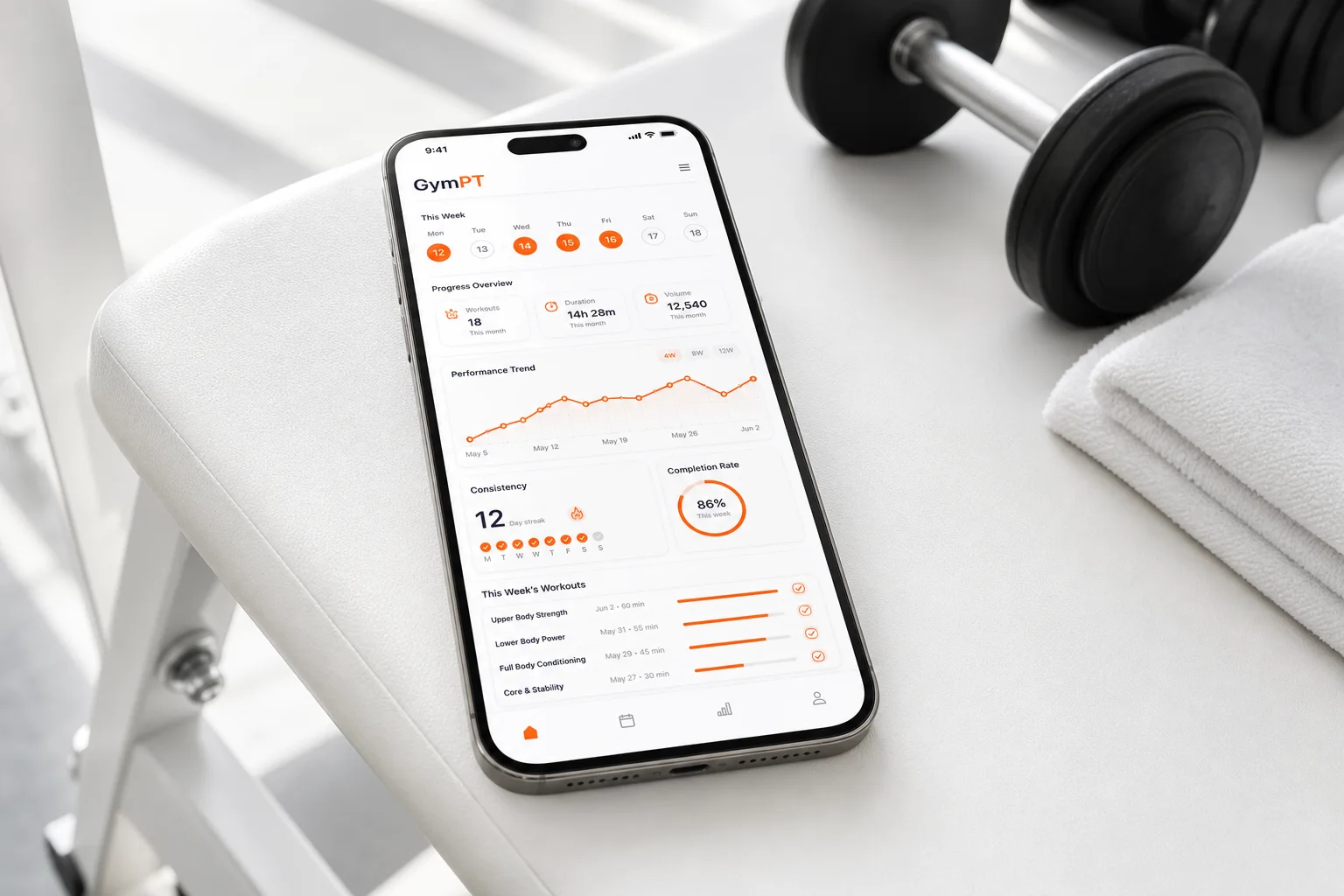 GymPT fitness progress app dashboard on a smartphone with workout logs and trend insights