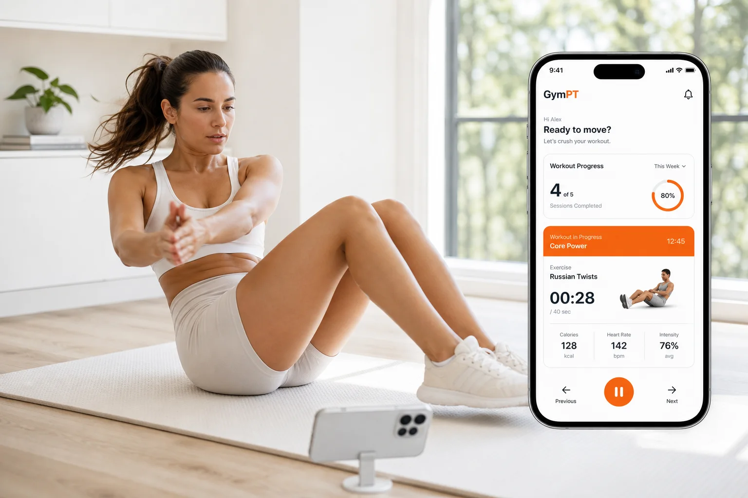 GymPT app showing a no equipment workout plan in a small home space