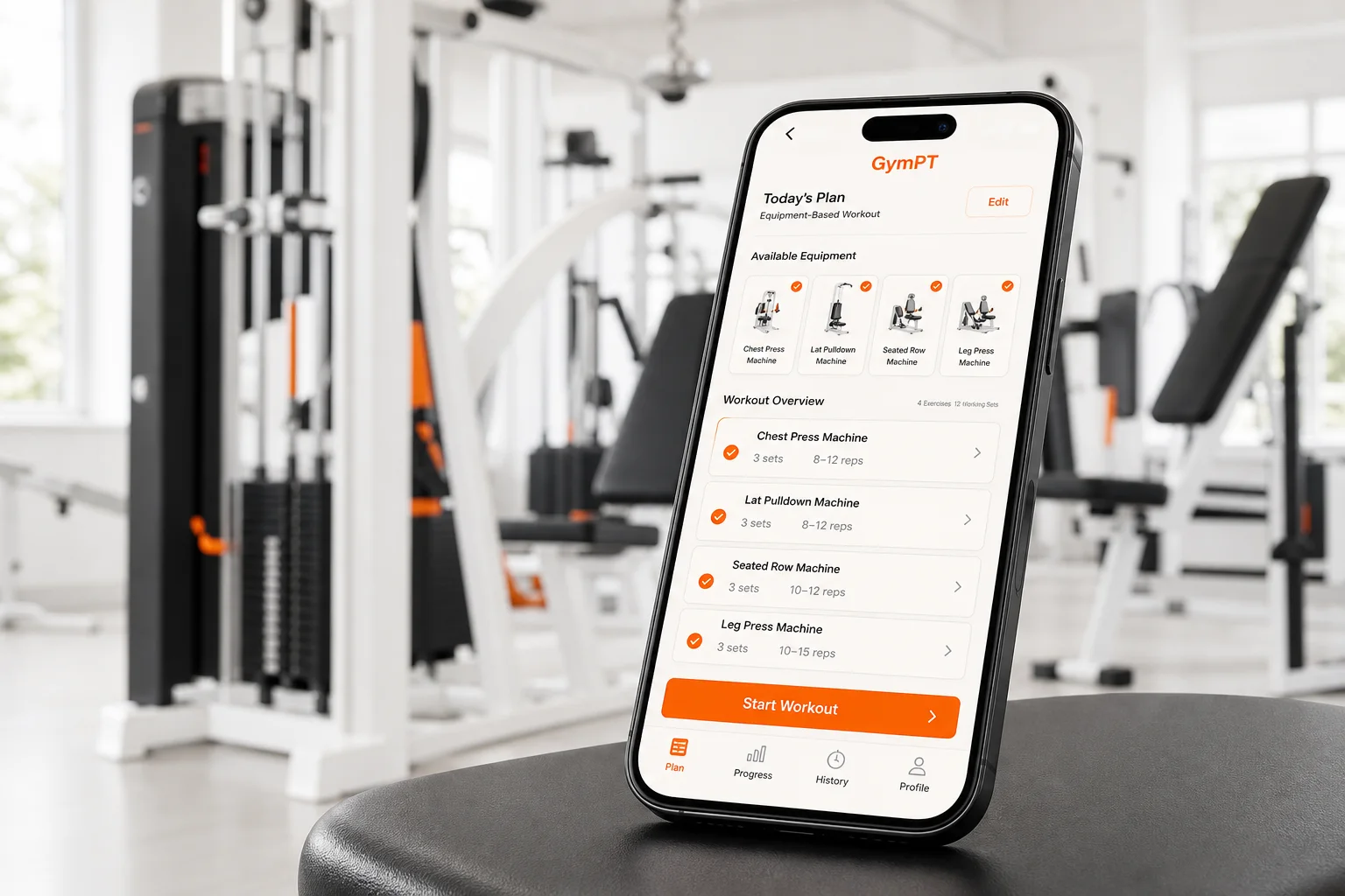 GymPT app showing a machine based workout plan on a smartphone in a modern gym