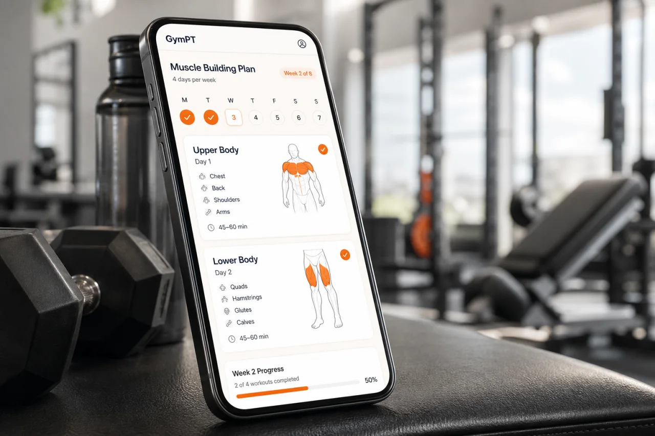 GymPT weekly muscle-building workout plan on mobile