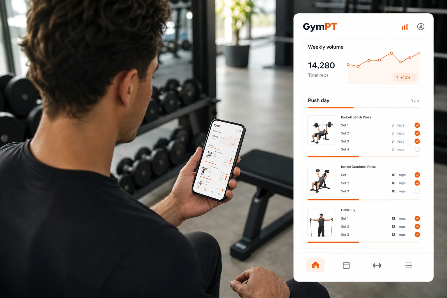 GymPT muscle building workout plan on a smartphone in a modern gym