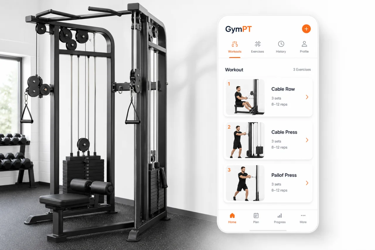 GymPT cable machine workout plan interface with exercise cards