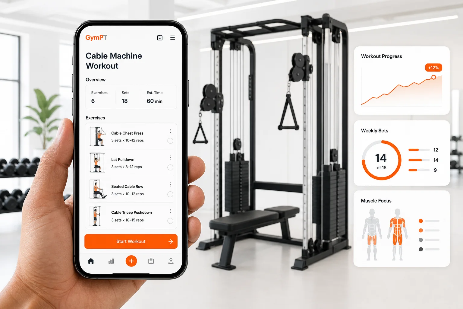 GymPT app showing a cable machine workout plan in a modern gym