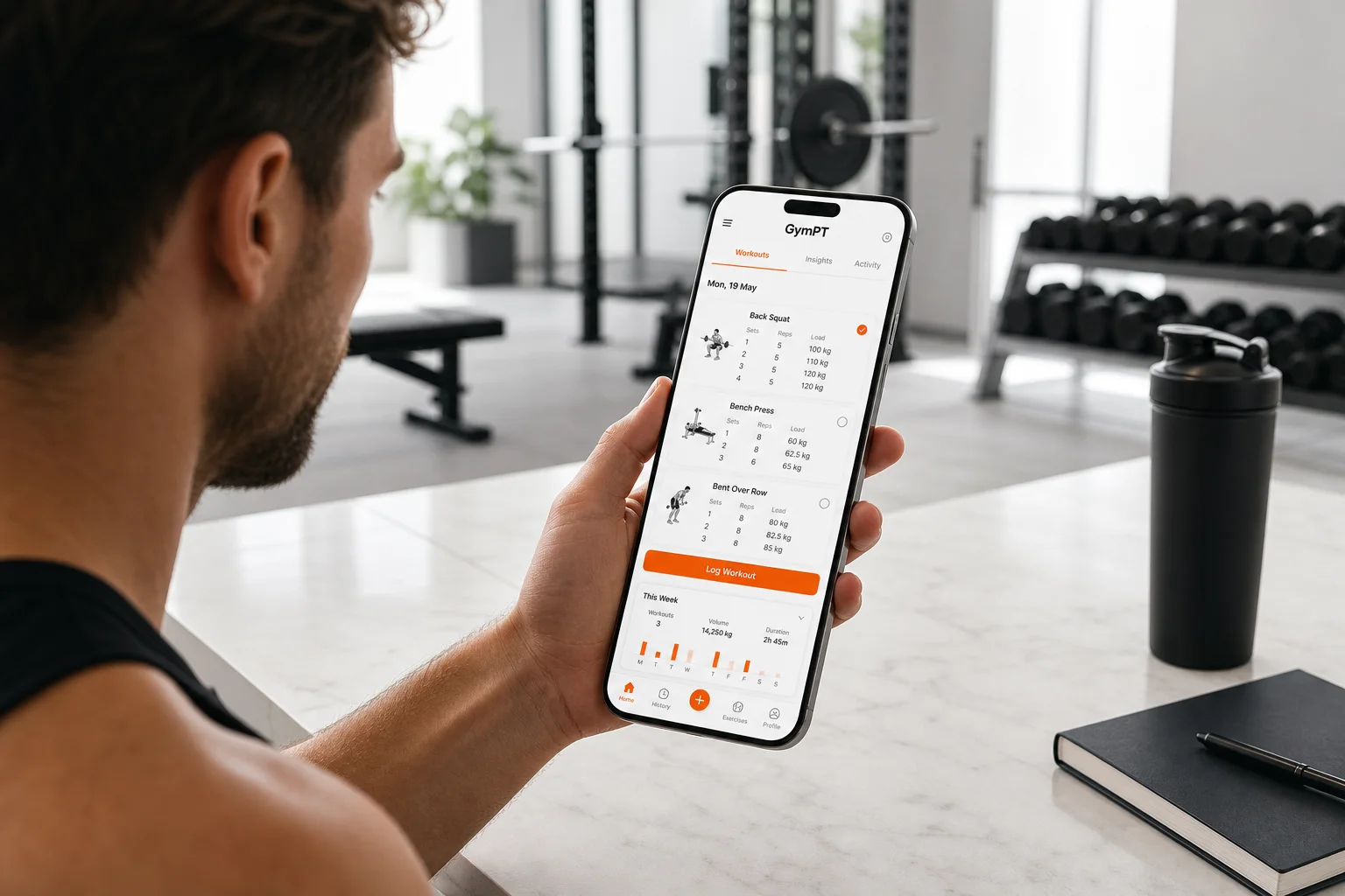 GymPT strength training program shown on a phone in a modern gym