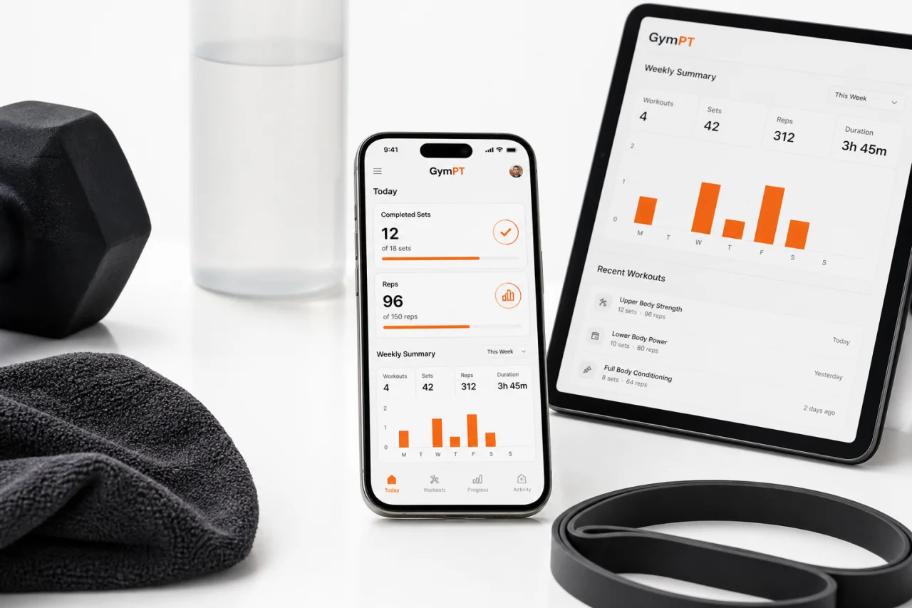 GymPT workout log and weekly summary dashboard on a smartphone
