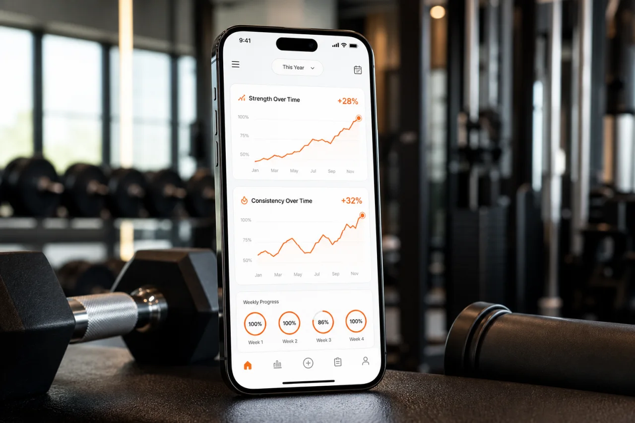 GymPT progress trends and training insights displayed in the app