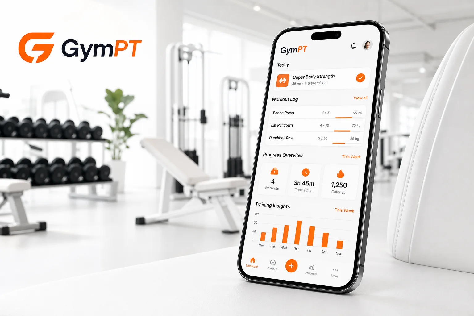 GymPT exercise tracking app showing workout logs and progress insights on a smartphone