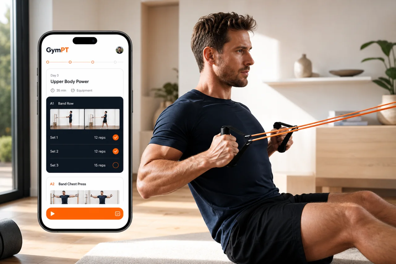 Athlete following a GymPT resistance band workout plan at home