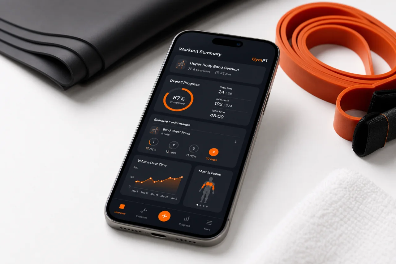 GymPT workout tracking screen for resistance band training