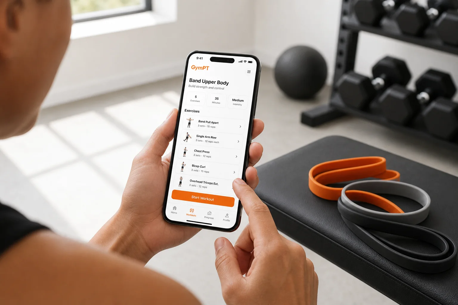 GymPT app showing a resistance band workout plan in a clean gym setting