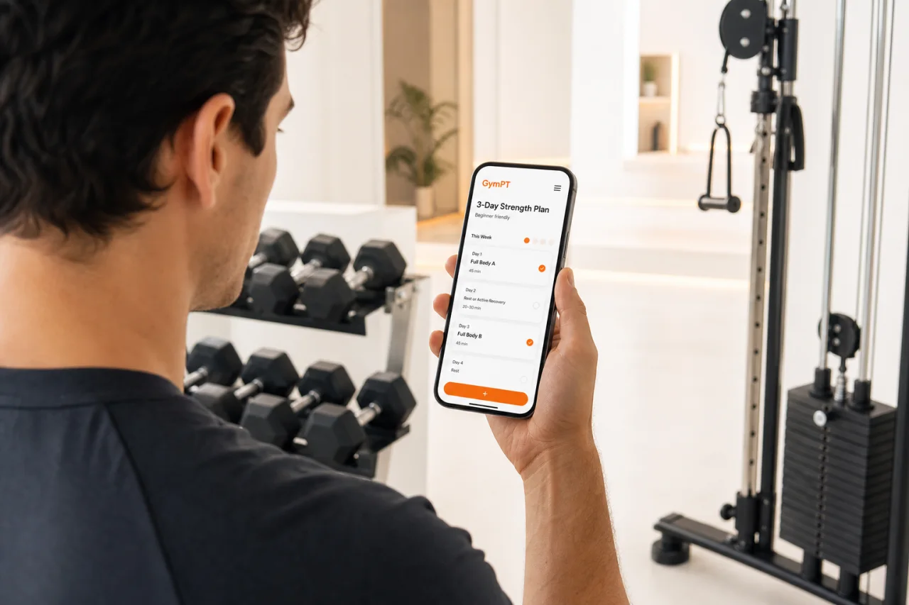 Beginner checking a GymPT strength training plan on a phone