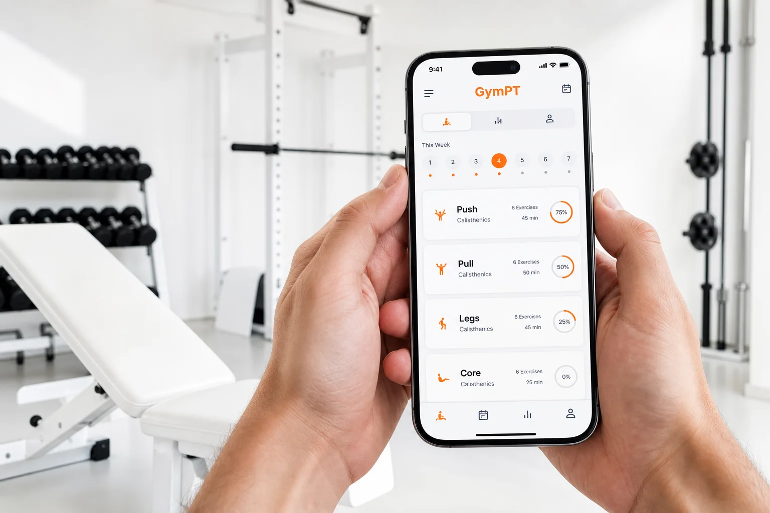 GymPT calisthenics workout plan shown on a smartphone in a clean gym setting