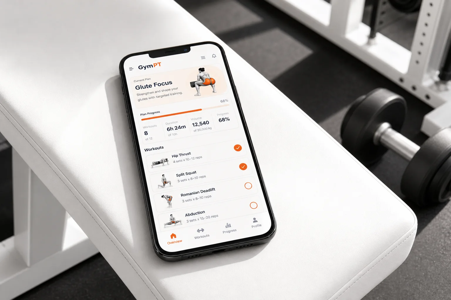 GymPT glute workout plan shown on a smartphone in a modern gym