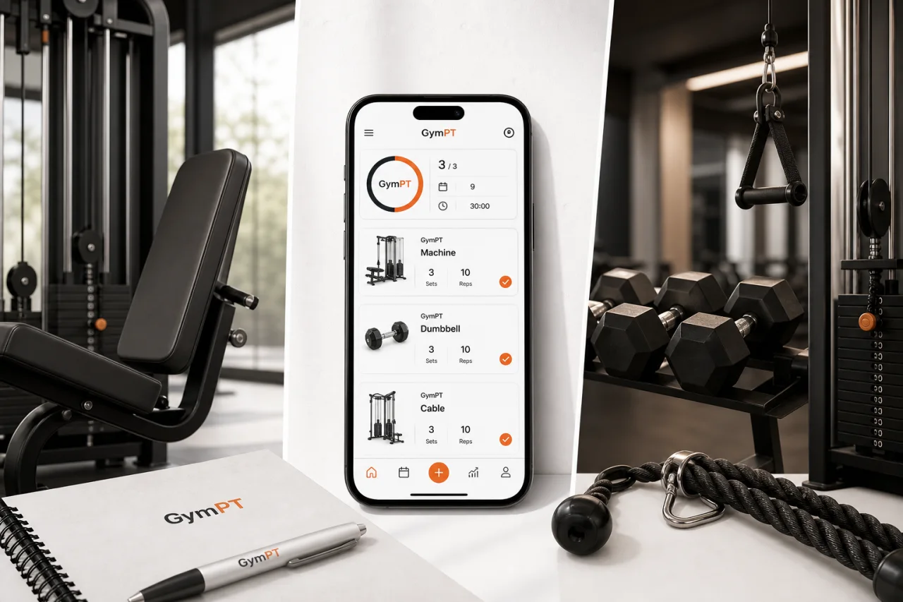 GymPT app screen comparing machine, dumbbell, and cable exercise options