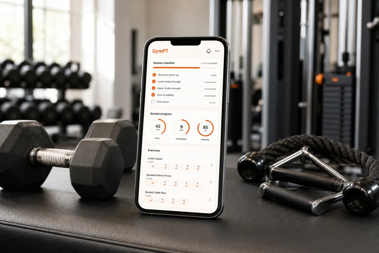 GymPT app checklist and progress insights beside gym equipment