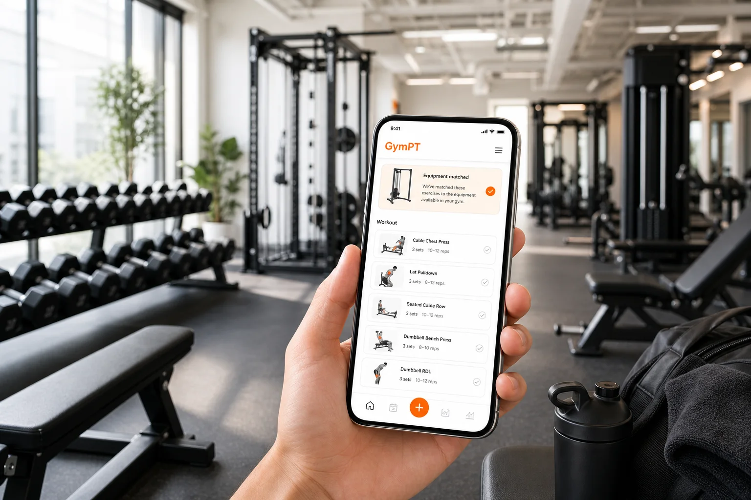GymPT workout plan interface shown in a modern gym with equipment-based training