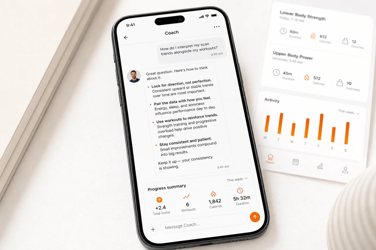 GymPT coach chat connected to body analysis and workout tracking