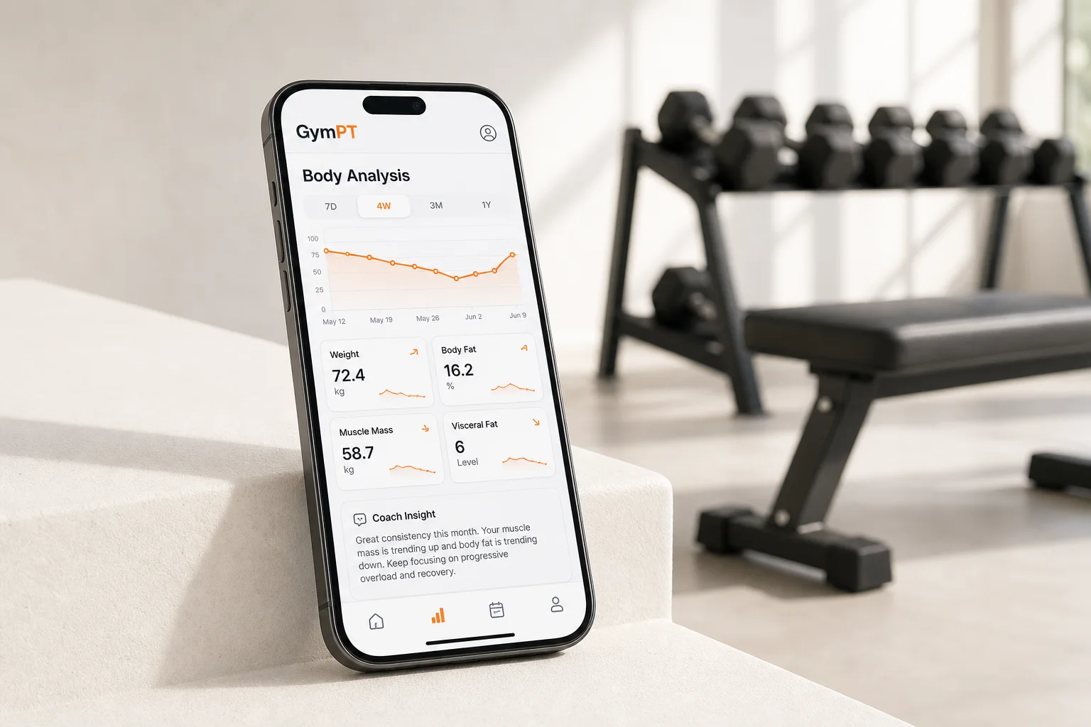 GymPT body analysis dashboard on a smartphone in a clean gym setting