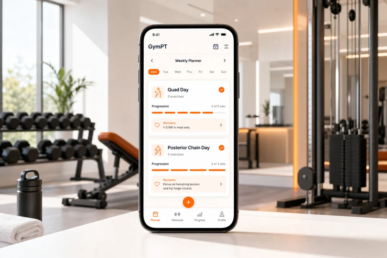 GymPT weekly leg training planner on mobile