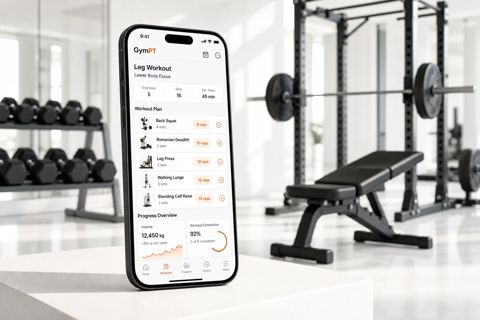 GymPT leg workout plan screen in a modern gym