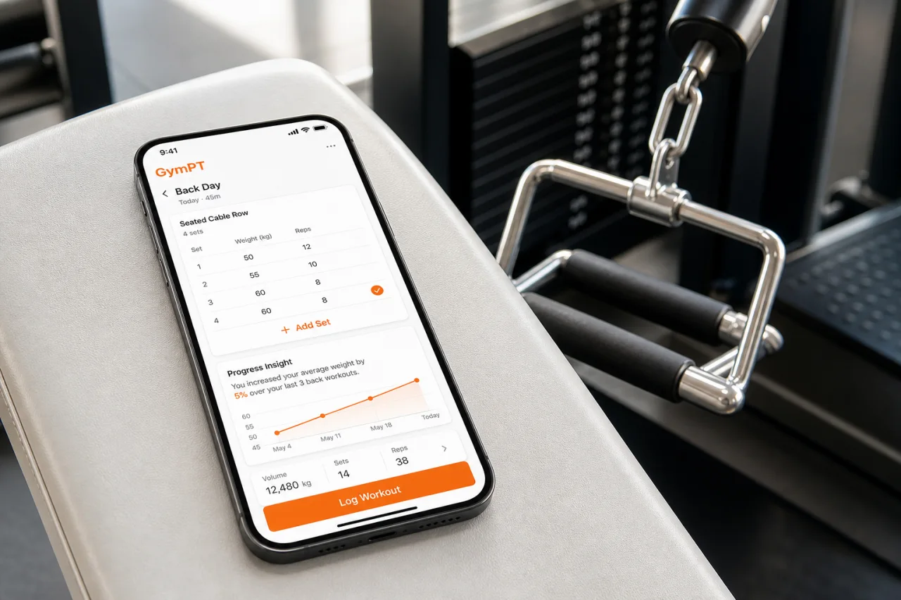 GymPT workout tracker for a back day session