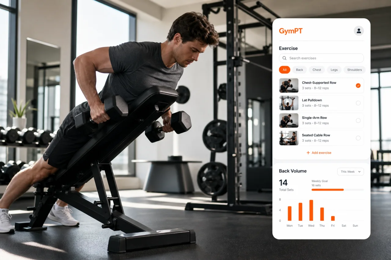 GymPT back training progress and exercise selection visual