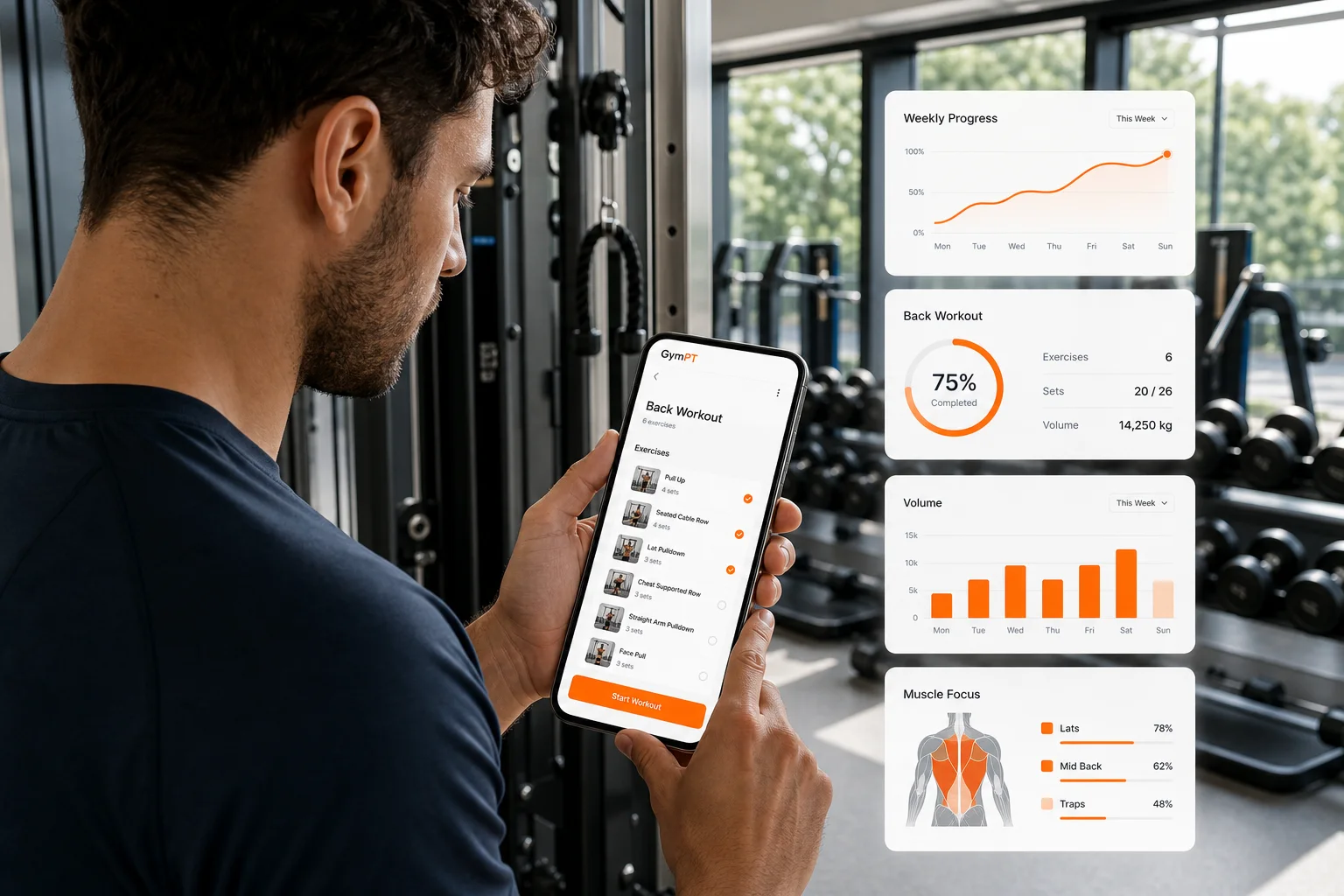 GymPT back workout plan app screen in a modern gym