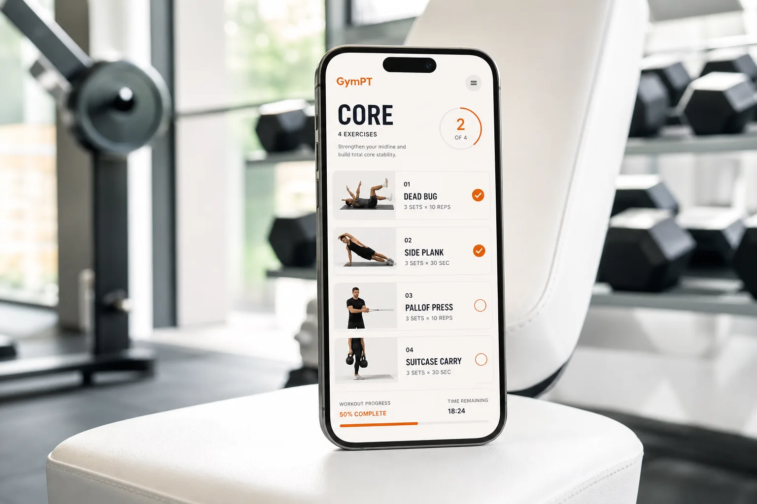 GymPT app screen showing a core workout routine
