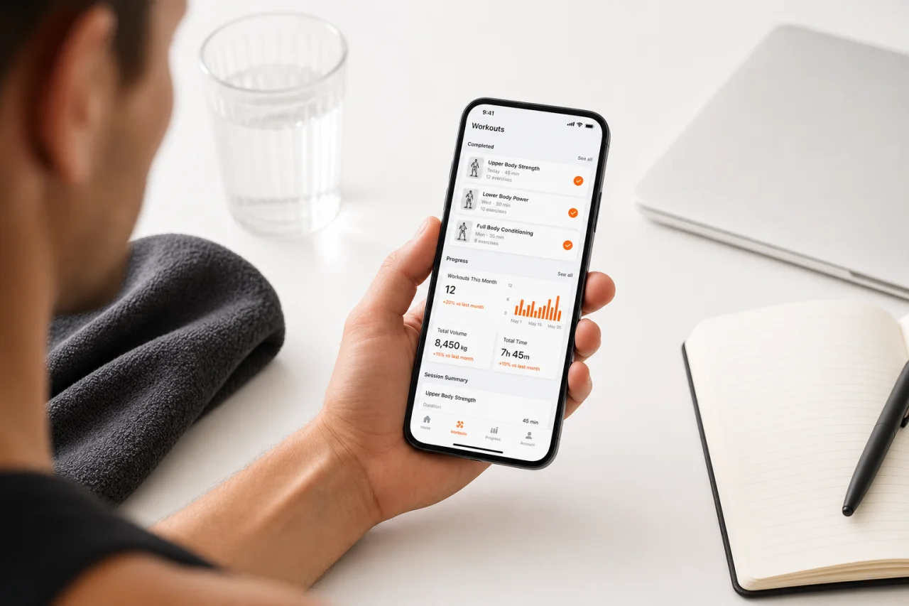 Person reviewing workout logs and progress reports in GymPT