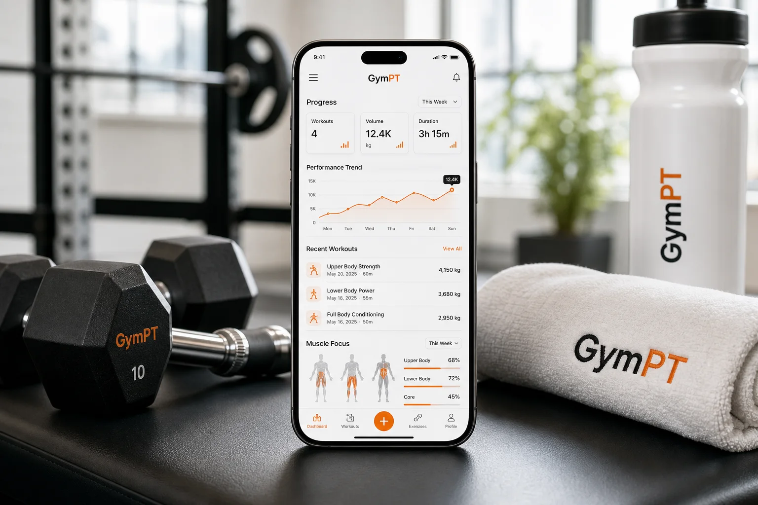 GymPT workout report app dashboard on a smartphone in a modern gym