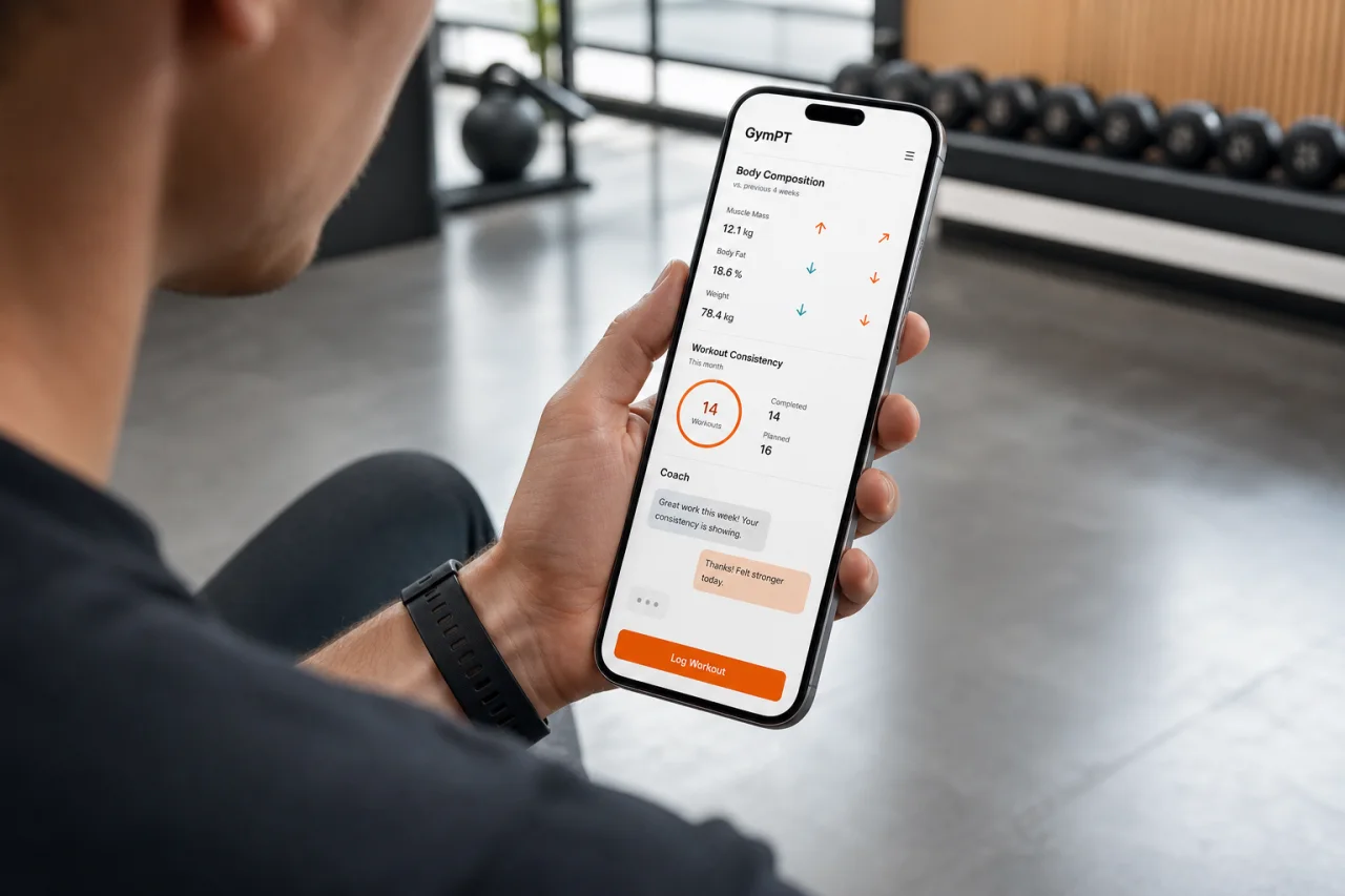 GymPT progress insights and coaching chat on a smartphone