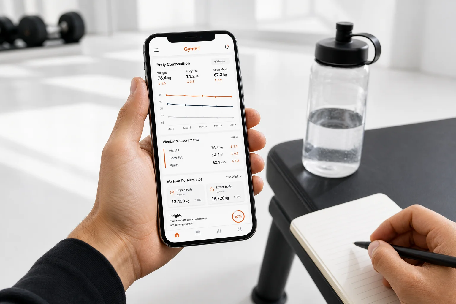 GymPT body composition tracking app dashboard on a smartphone with progress trends