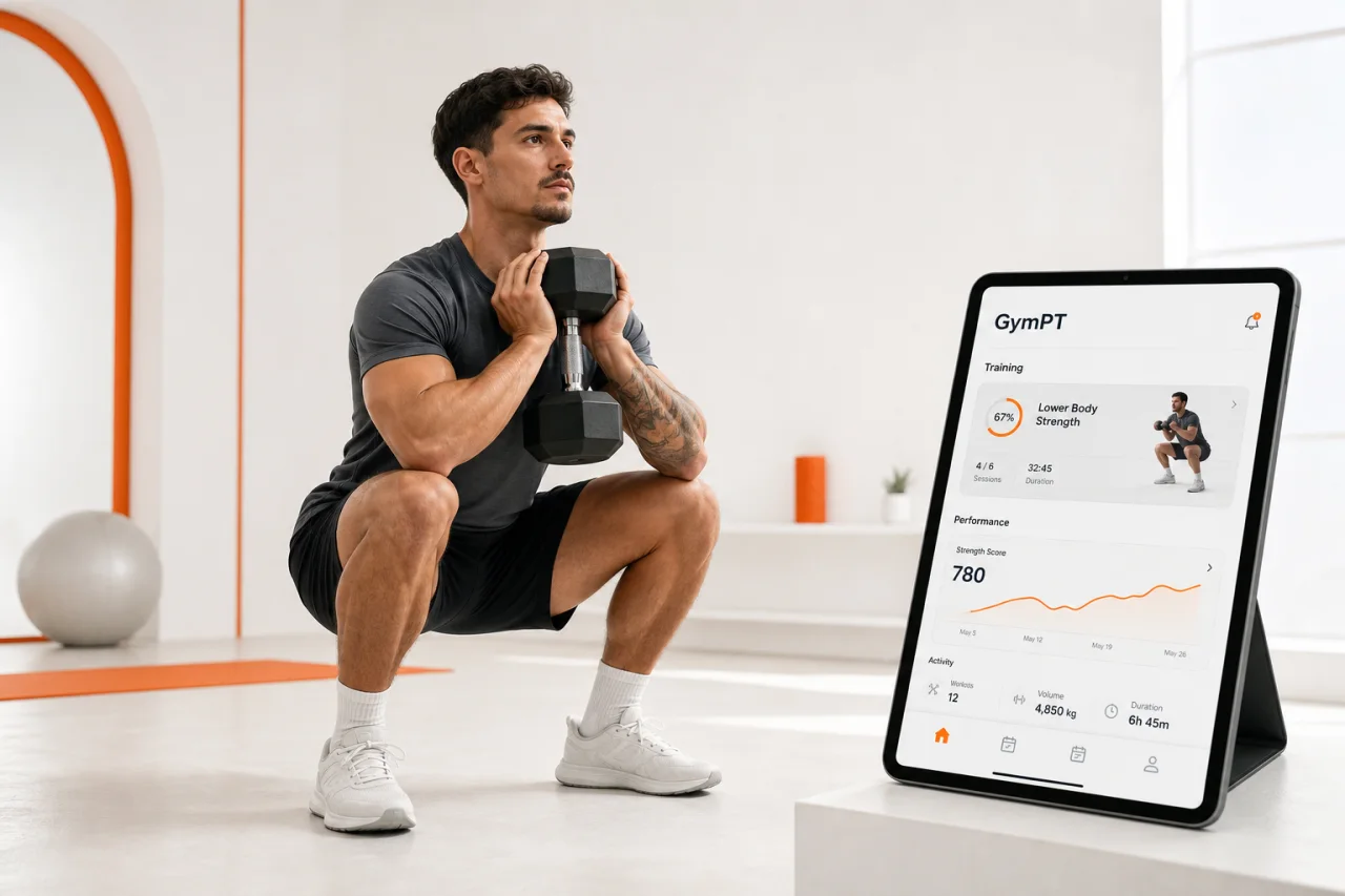 Dumbbell goblet squat with GymPT app styling
