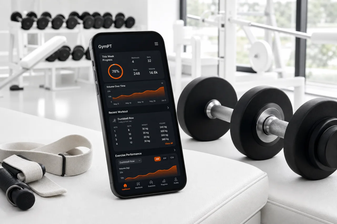 GymPT workout tracking beside a dumbbell row setup
