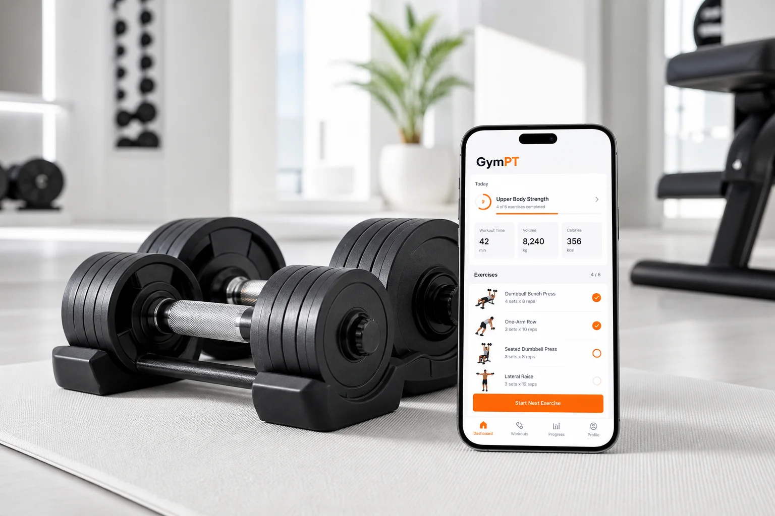 GymPT dumbbell workout plan shown on a phone beside adjustable dumbbells