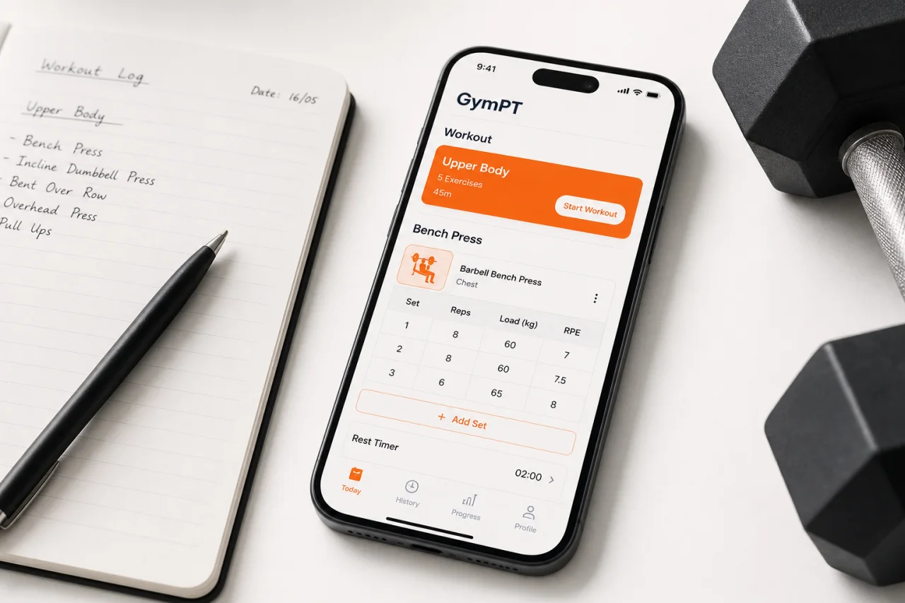 GymPT workout log with sets, reps, load, and effort tracking