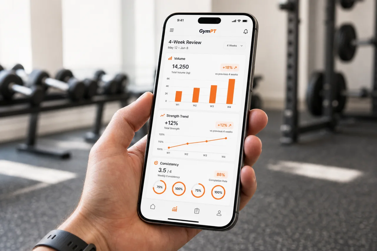 GymPT progress review dashboard with weekly training trends