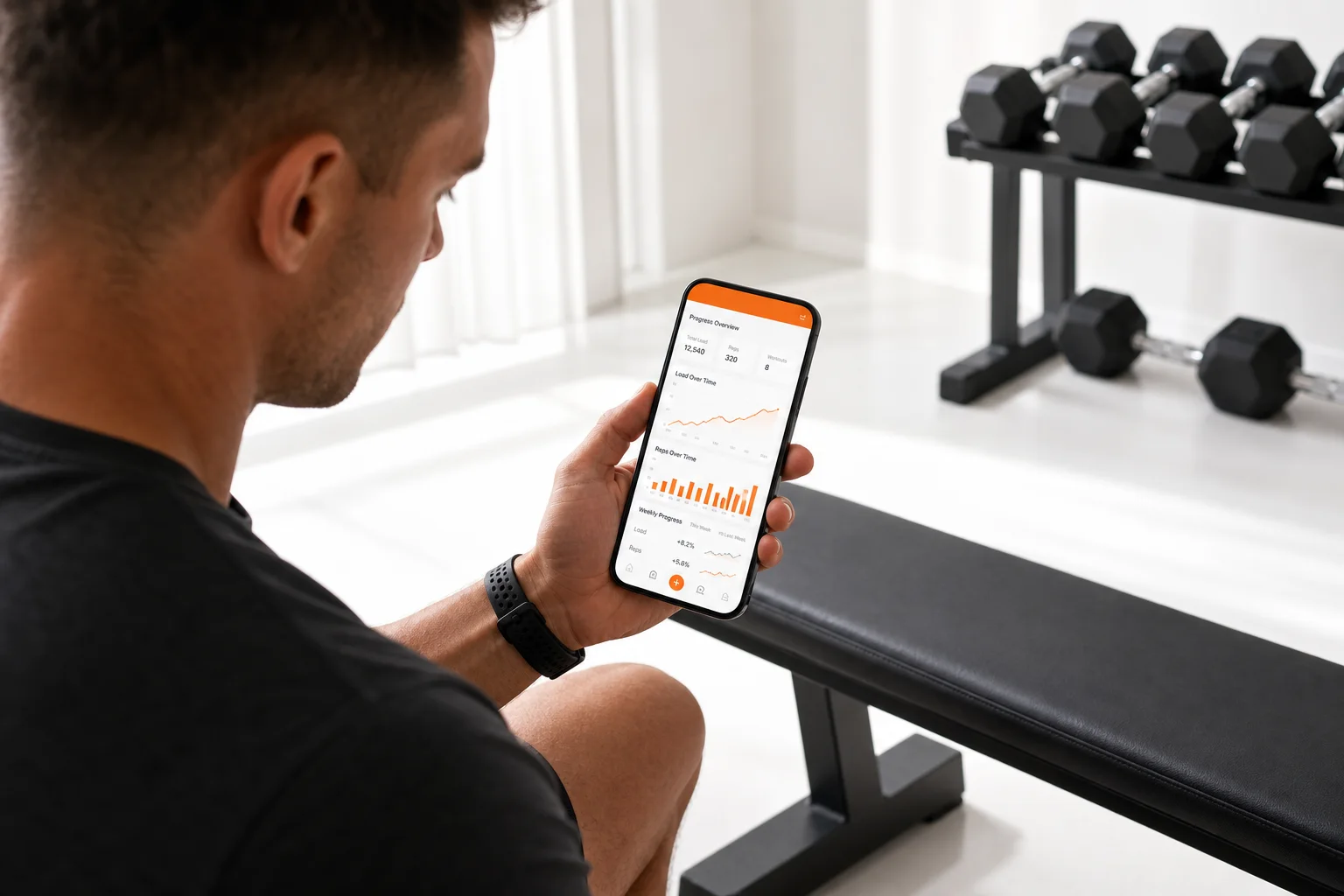 GymPT app showing a progressive overload workout plan with training metrics and trend lines