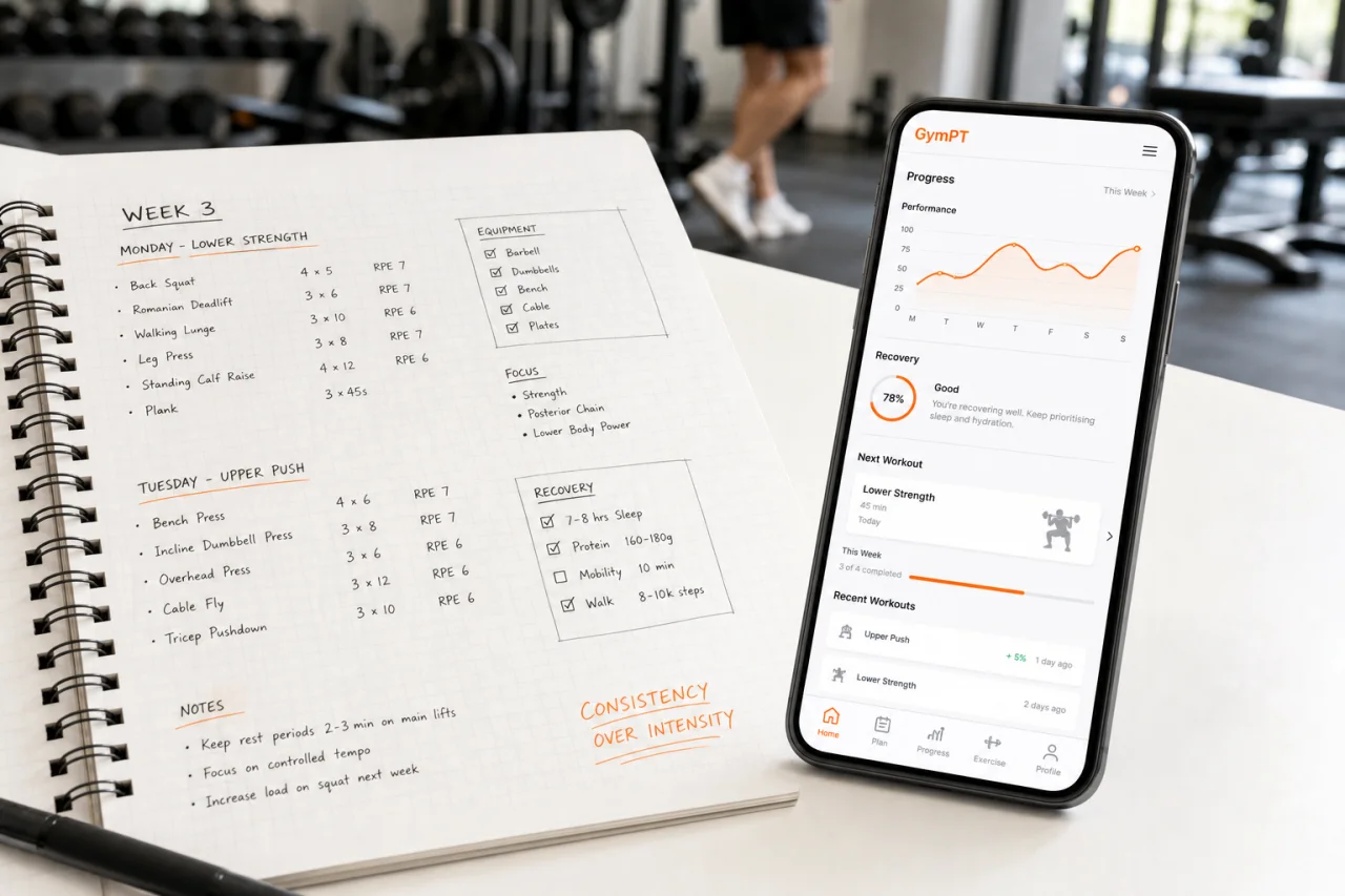 GymPT progress insights and workout planning interface