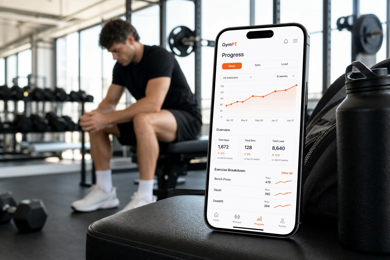 GymPT app showing an AI exercise progression planner on a smartphone in a modern gym
