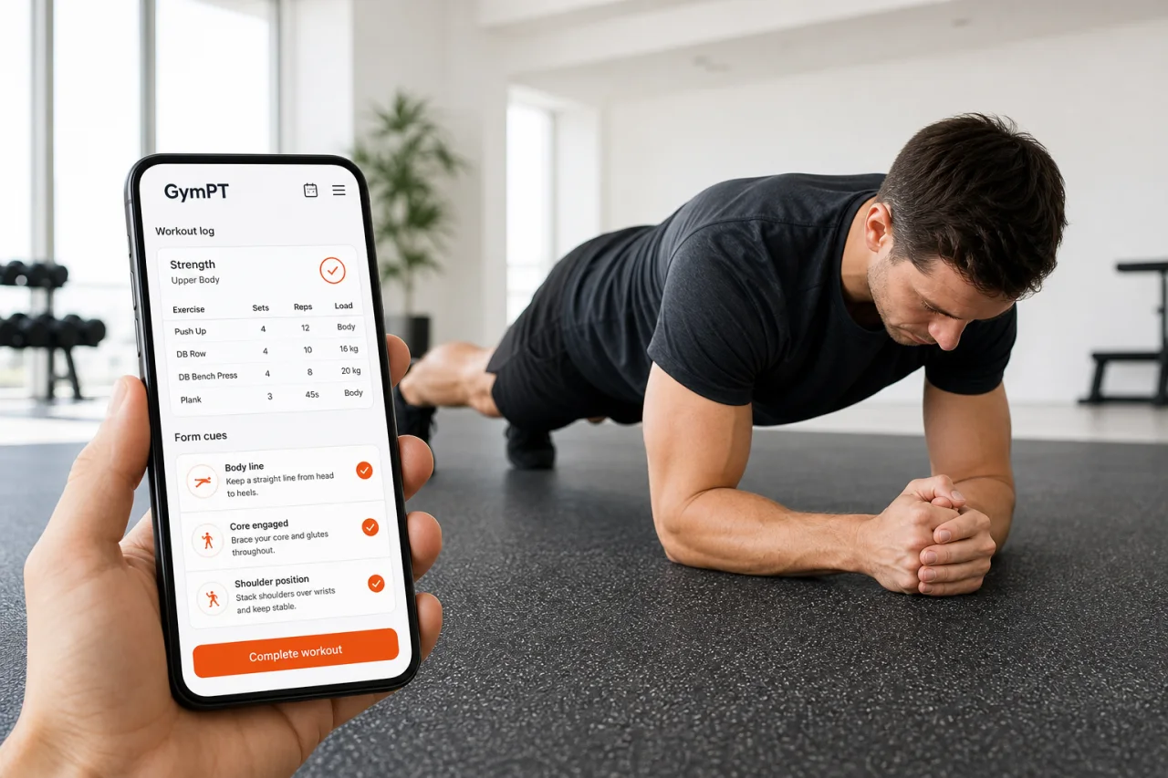 GymPT app coaching overlay beside a push-up plank position.