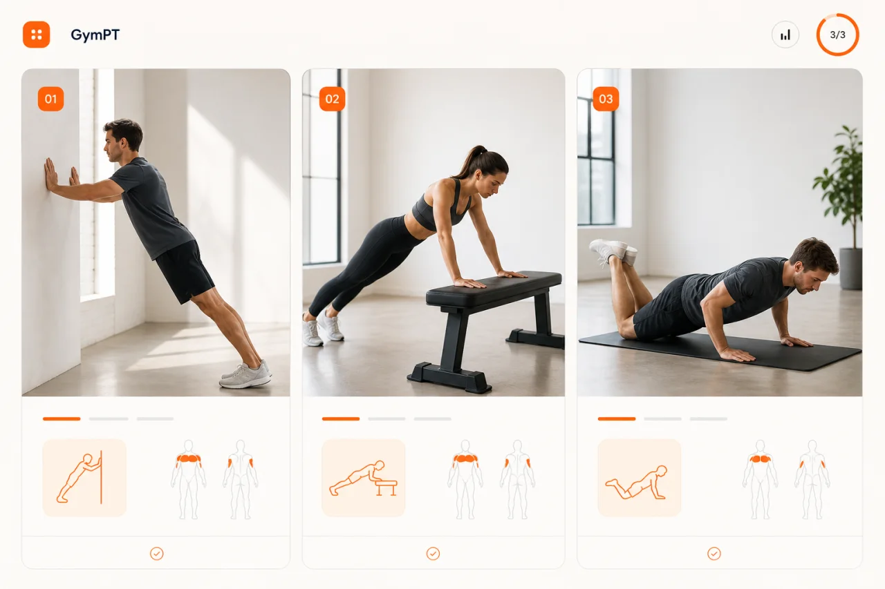 GymPT visual comparing push-up modifications for different fitness levels.