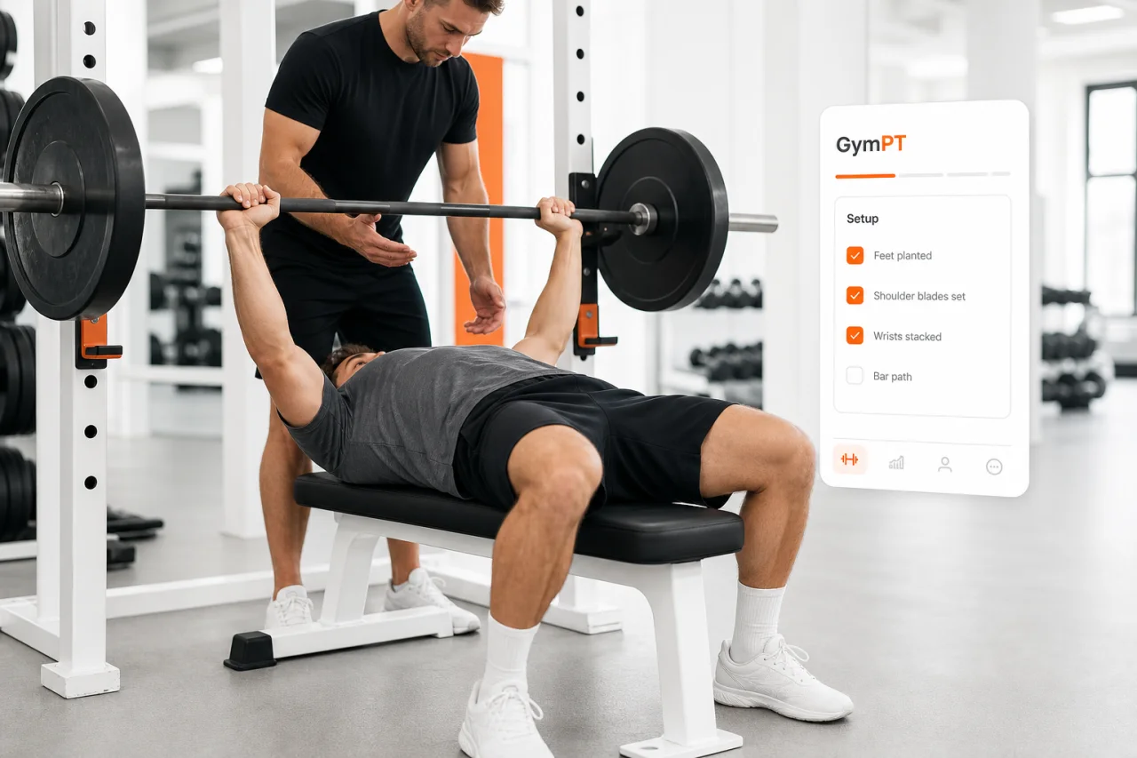 Bench press setup checklist with GymPT coaching overlay