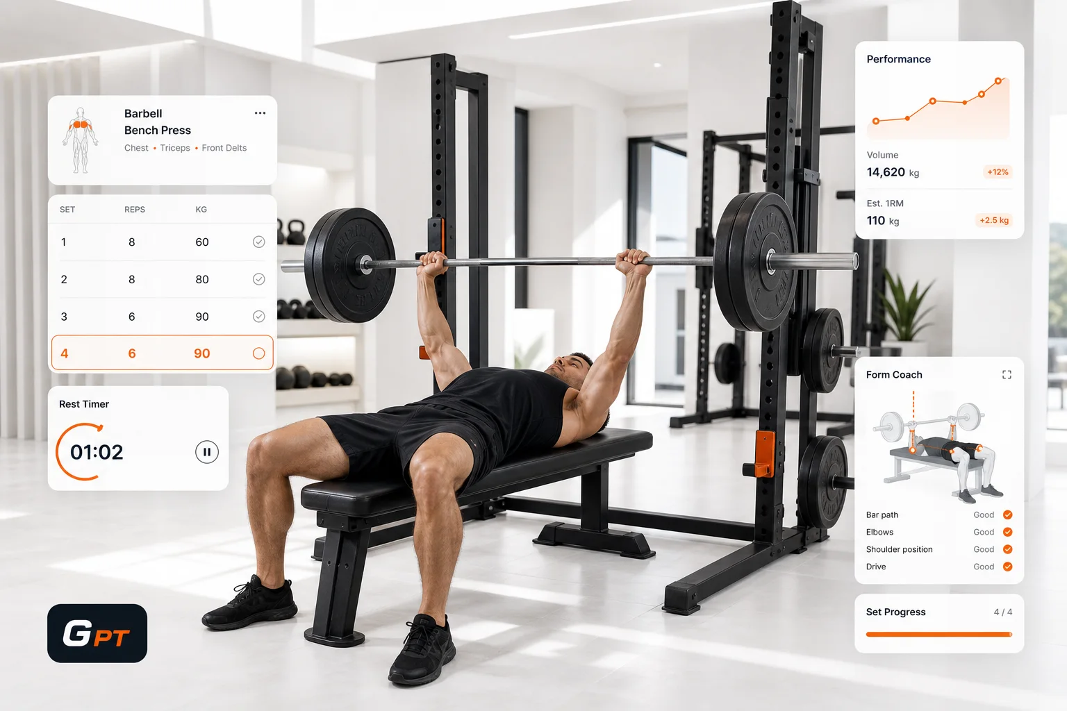 GymPT bench press form guide hero image with athlete pressing on a bench and app overlay