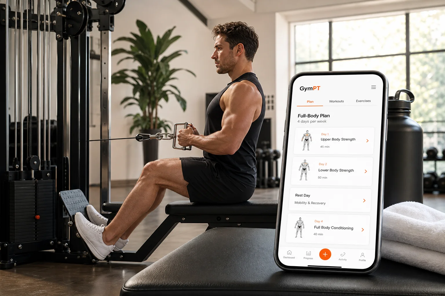 GymPT app showing a full body cable machine workout plan in a modern gym