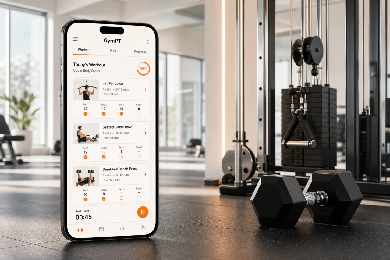 GymPT workout tracking screen beside back training equipment