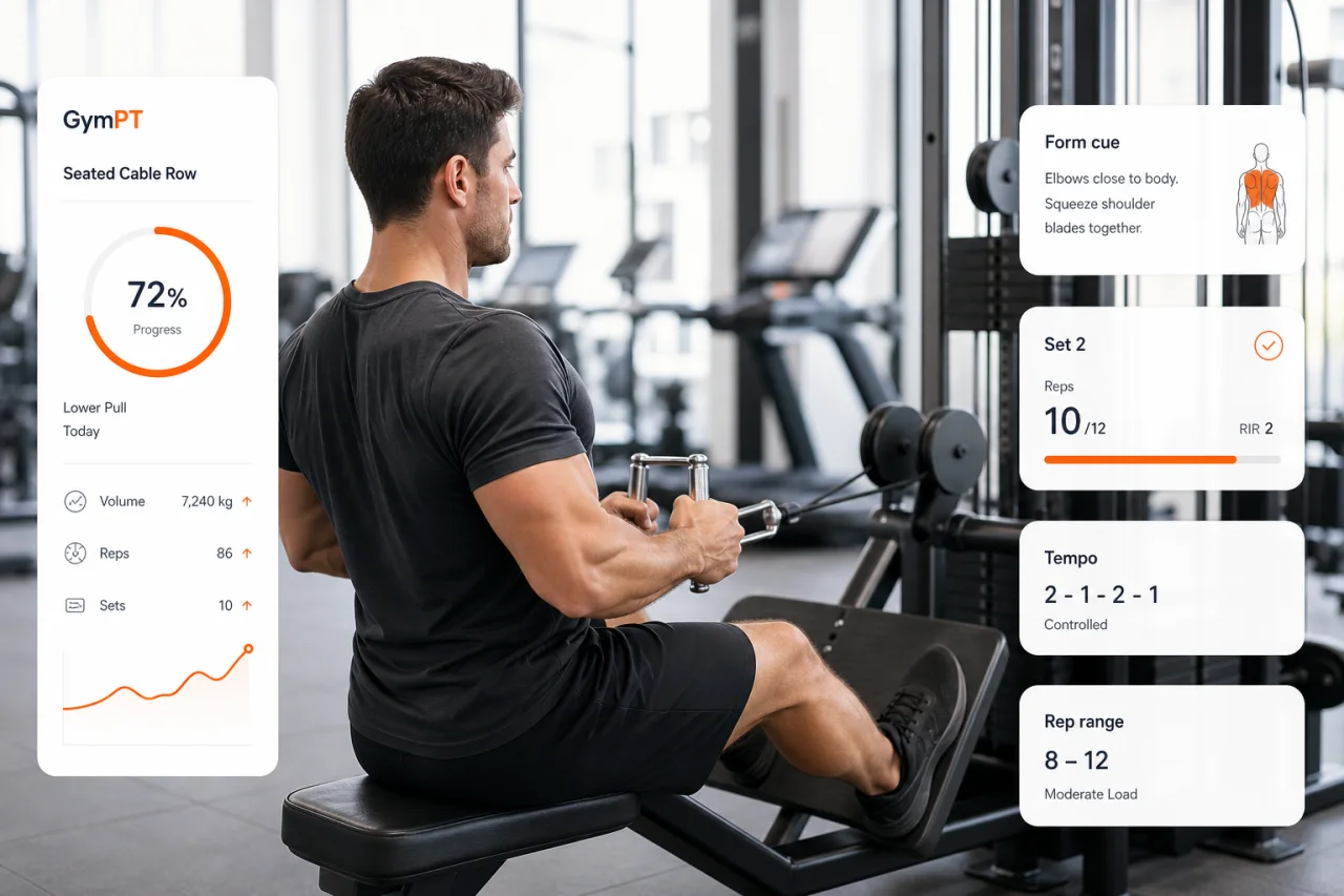 GymPT form cues and progress insights for a seated cable row