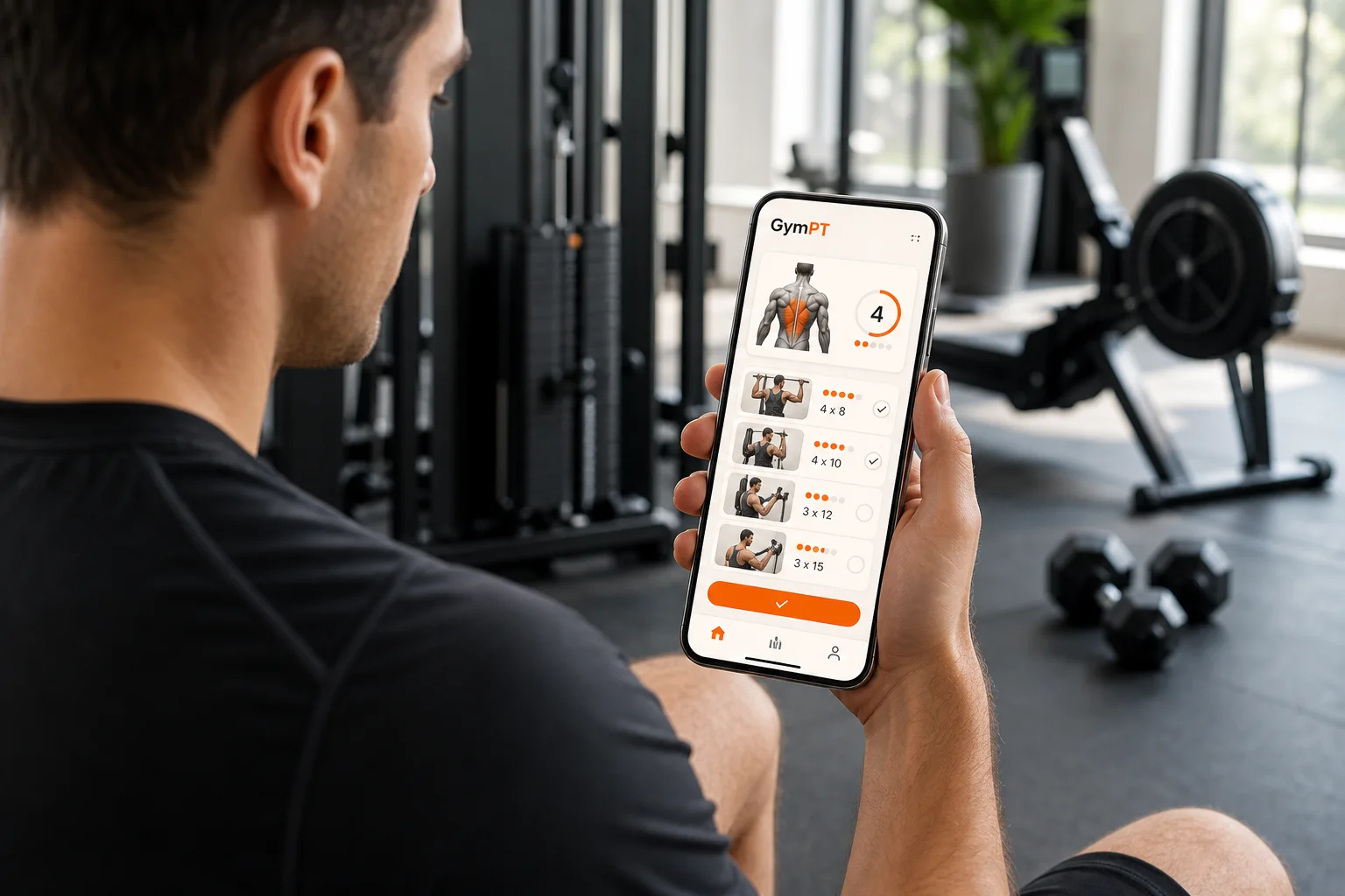 GymPT app showing a back workout plan in a premium gym setting
